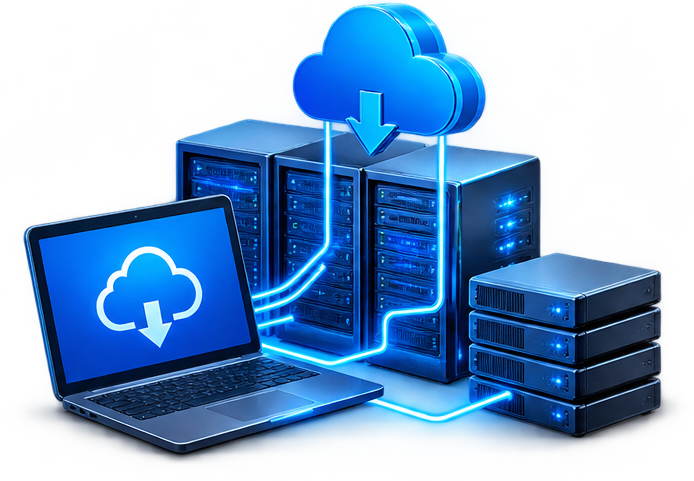 Cloud download connected to servers and a laptop, representing technology deployment