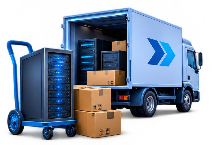 Delivery truck loaded with server racks and boxes, representing equipment relocation