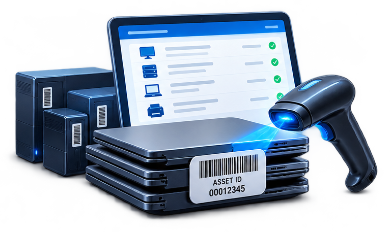 Asset-tagged equipment with a barcode scanner and inventory tablet