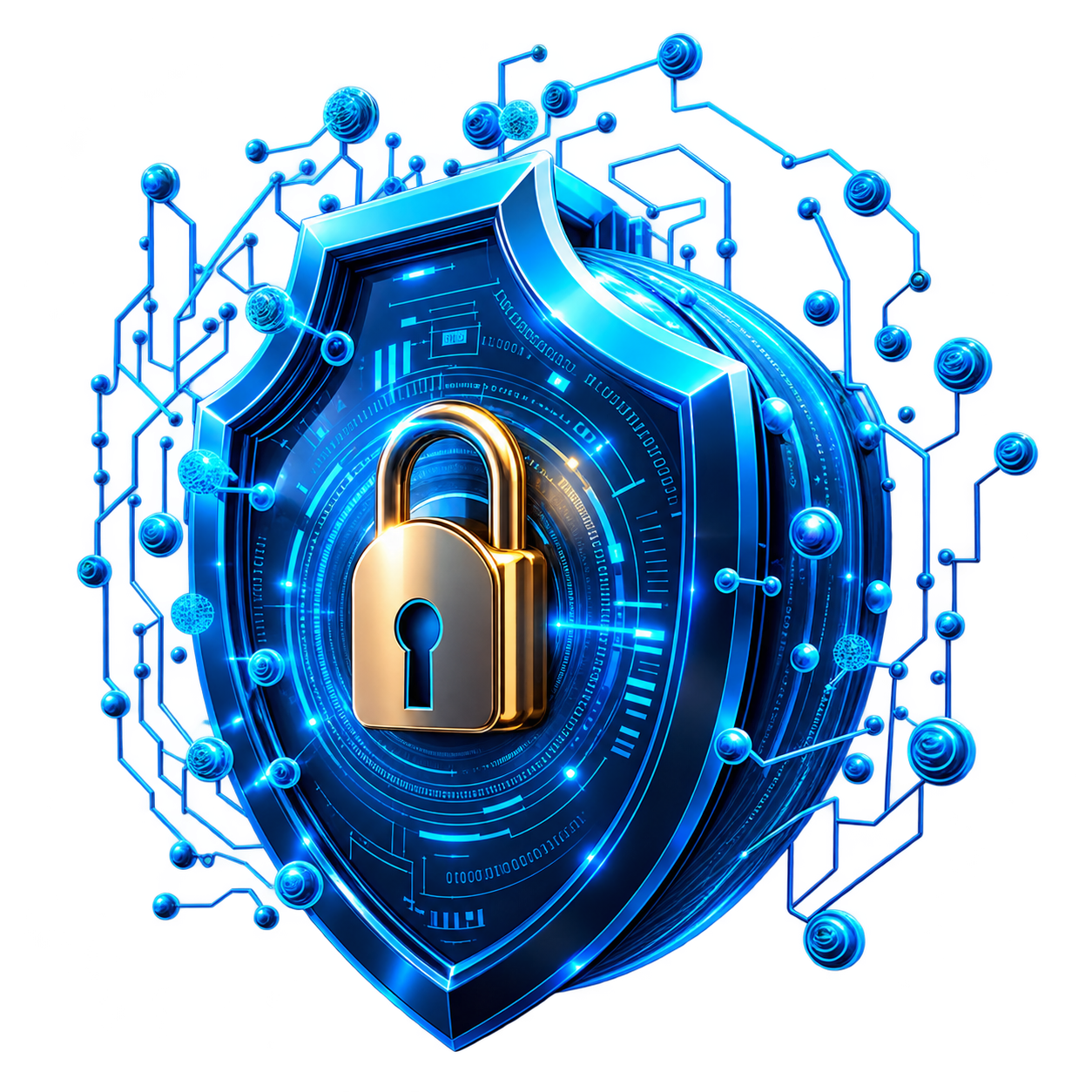 A glowing digital shield with a golden padlock, surrounded by circuit lines, representing cybersecurity