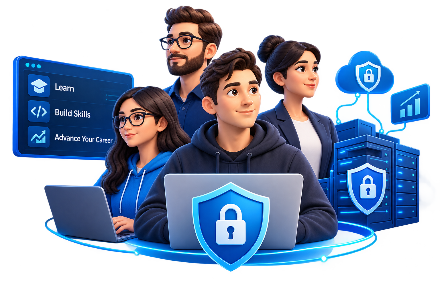 A diverse team of cybersecurity professionals learning, building skills, and securing organizations